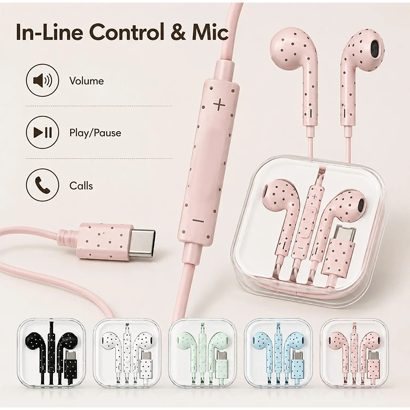 Usb C Earphone - Typ-C-Ohrhörer mit Polka-Dot-Sternmuster, In-Ear-Kabelgebundene Ohrhörer mit