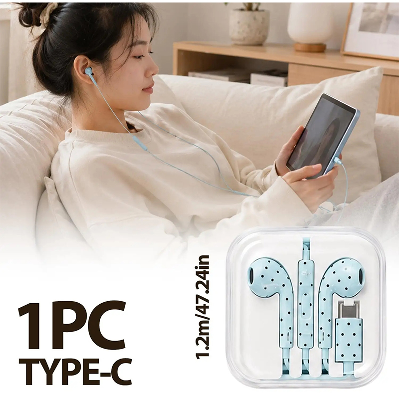 Usb C Earphone - In-Ear-Kopfhörer mit Polka-Dot-Sternmuster, Typ-C-Kabelgebundener Ohrhörer mit
