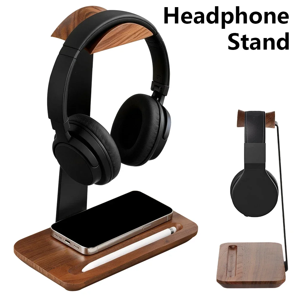 Headphone Stand Desk - Universeller Kopfhörerständer aus Holz mit Aufbewahrungsbasis,